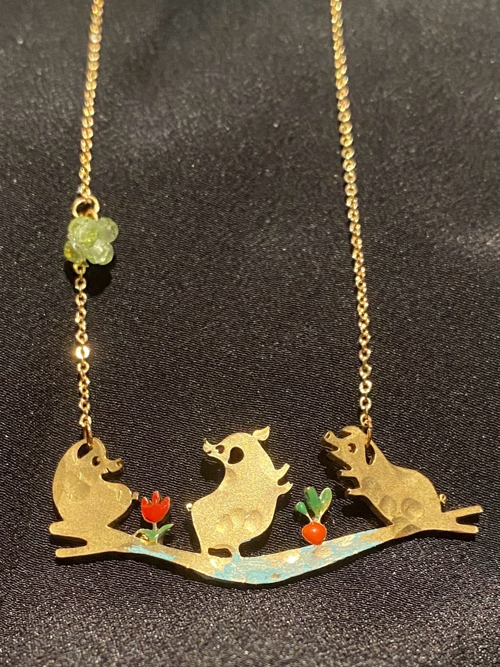 Handmade Gold Tone Three Little Pig Necklace with Colorful Enamel Accents